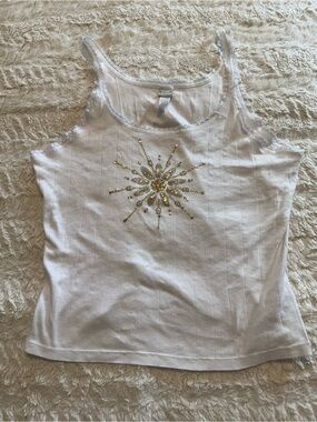Vintage Y2K XL Route White Celestial Sequin Lace Trim Ribbed Tank Top Cotton